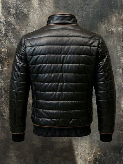 Back view of the black quilted jacket with horizontal stitched panels, ribbed hem and cuffs 4