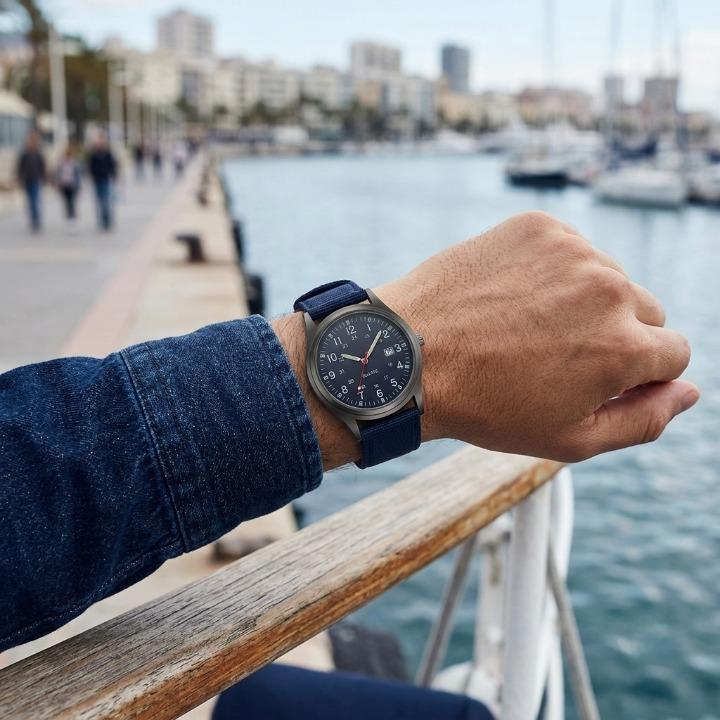 Navy-dialled watch with blue nylon strap worn by a man in a denim jacket, resting on a harbour railing. 5