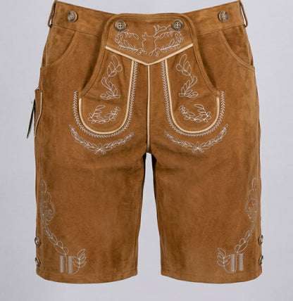 Caramel-brown breeches against a grey backdrop, with white stitched foliage embroidery, cream piping and a hanging tag 6
