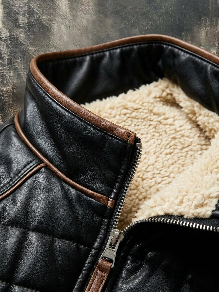 Close-up of the high collar with brown edging, silver zip and soft cream fleece lining 3