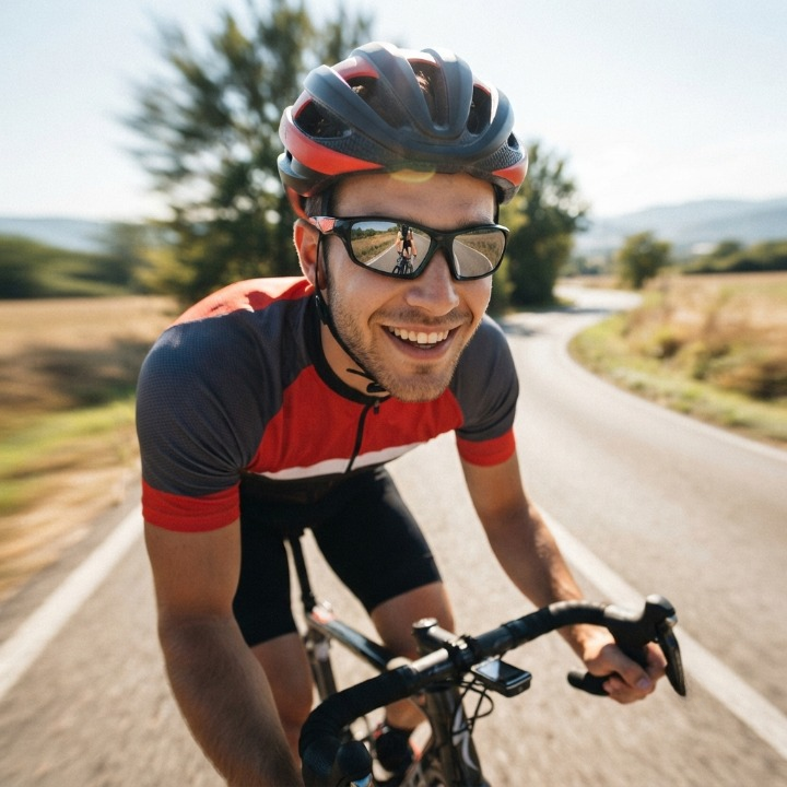Smiling cyclist in a helmet and red and grey jersey wearing the sunglasses on a sunlit road 2