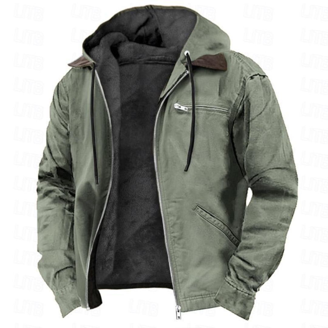 Sage-green version of the zip-up jacket, open to reveal the dark fleece lining, with brown hood trim, drawcords and a zipped chest pocket. 2