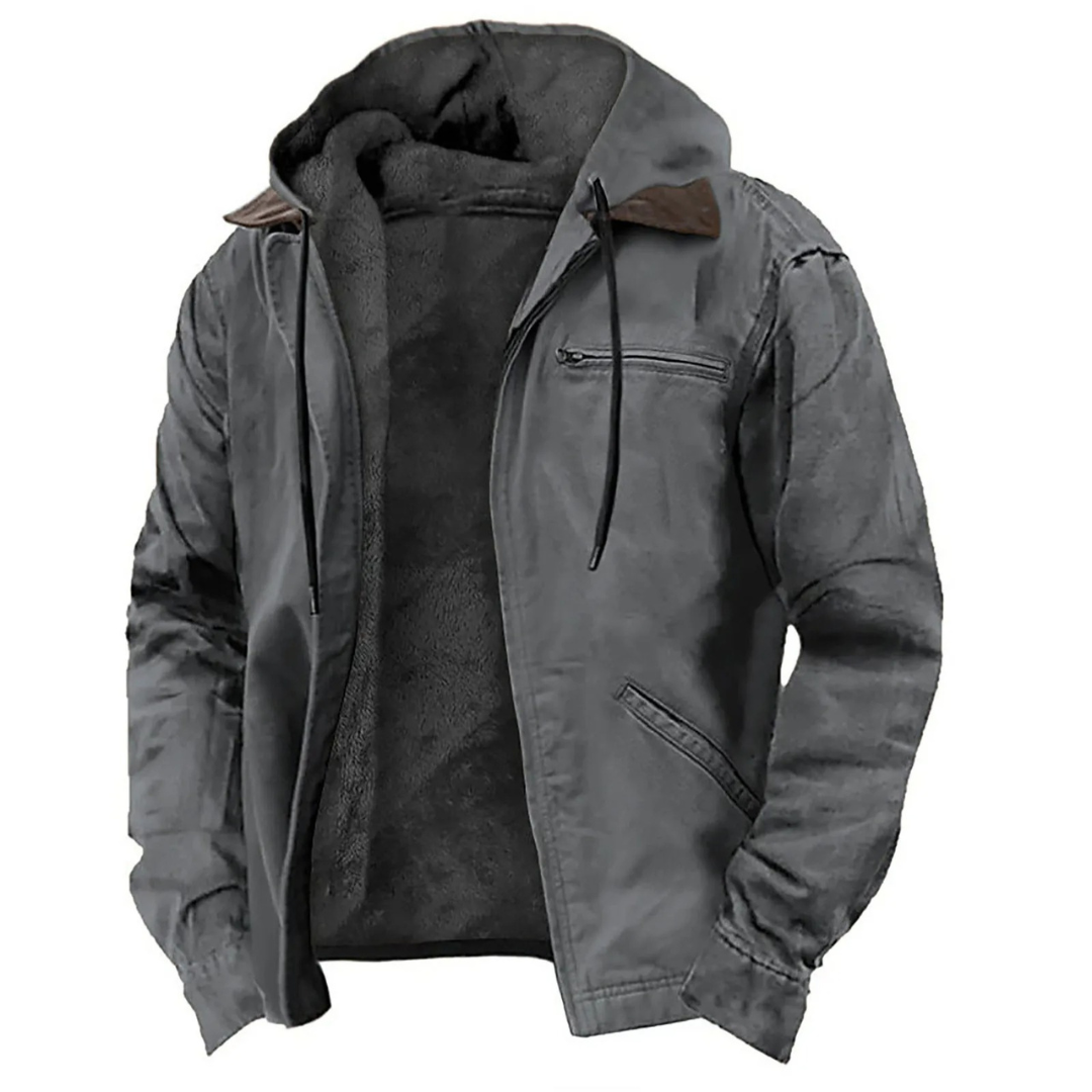 Slate-grey version of the jacket hanging open, showing the dark fleece lining, brown hood trim, black drawcords and a zipped chest pocket. 3