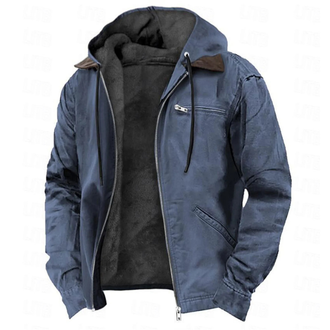 Slate-blue version of the jacket with the full-length zip open, revealing the dark fleece lining, brown hood trim and chest zip pocket. 4