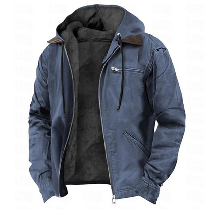 Slate-blue version of the jacket with the full-length zip open, revealing the dark fleece lining, brown hood trim and chest zip pocket. 4