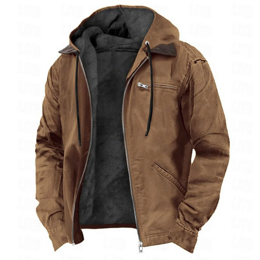 Tan-brown hooded jacket with the zip undone, showing dark grey fleece lining, drawcords, a chest zip pocket and a slanted hand pocket. 1