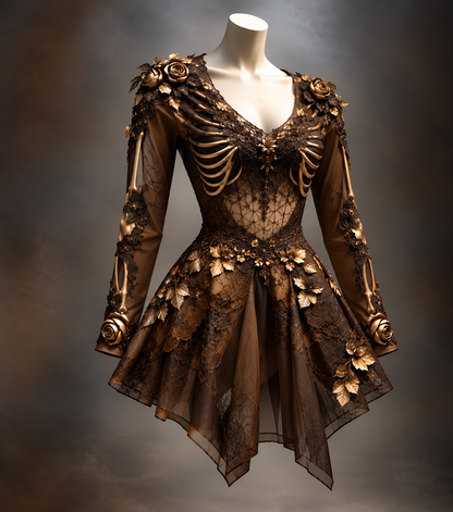 Brown version on a mannequin, with dark lace overlay, gold rib-bone motifs down the bodice and sleeves, and gold roses on the shoulders. 3