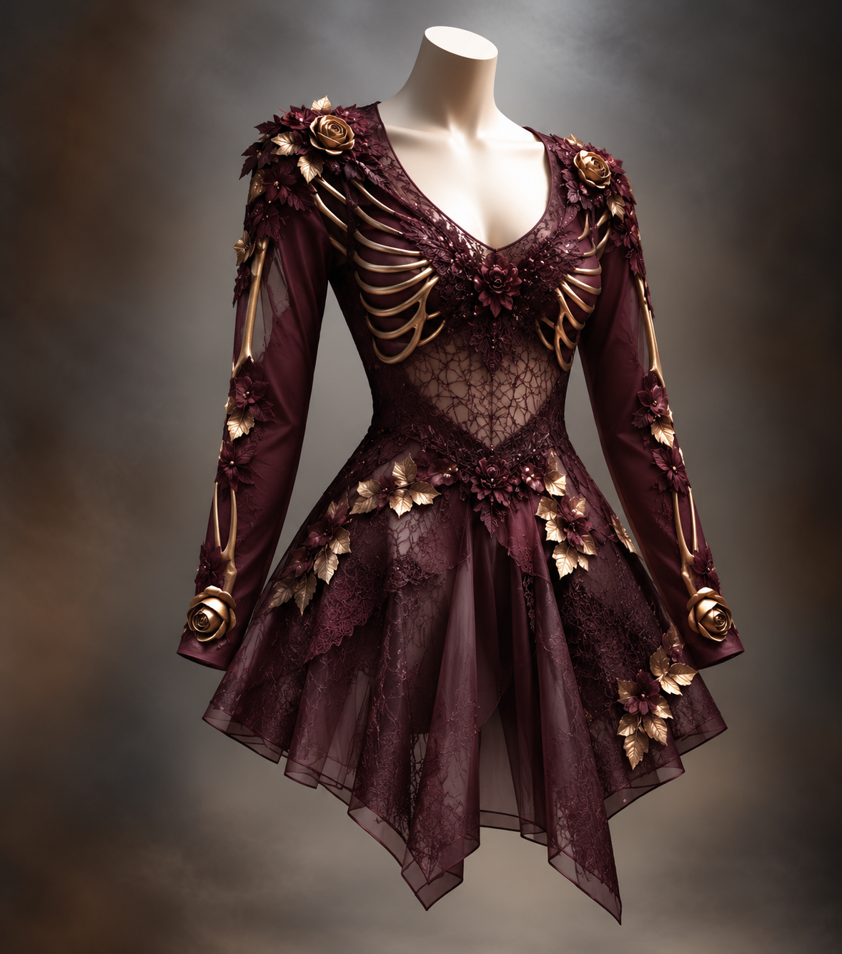 Burgundy version on a mannequin, showing a sheer lace bodice, gold rib-bone motifs, gold roses and leaves, and an uneven layered hem. 2