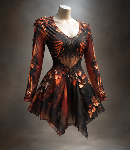 Black and rust-red version on a mannequin, with copper rib-bone motifs, rose appliqués on the shoulders and cuffs, and a sheer pointed-hem skirt. 6