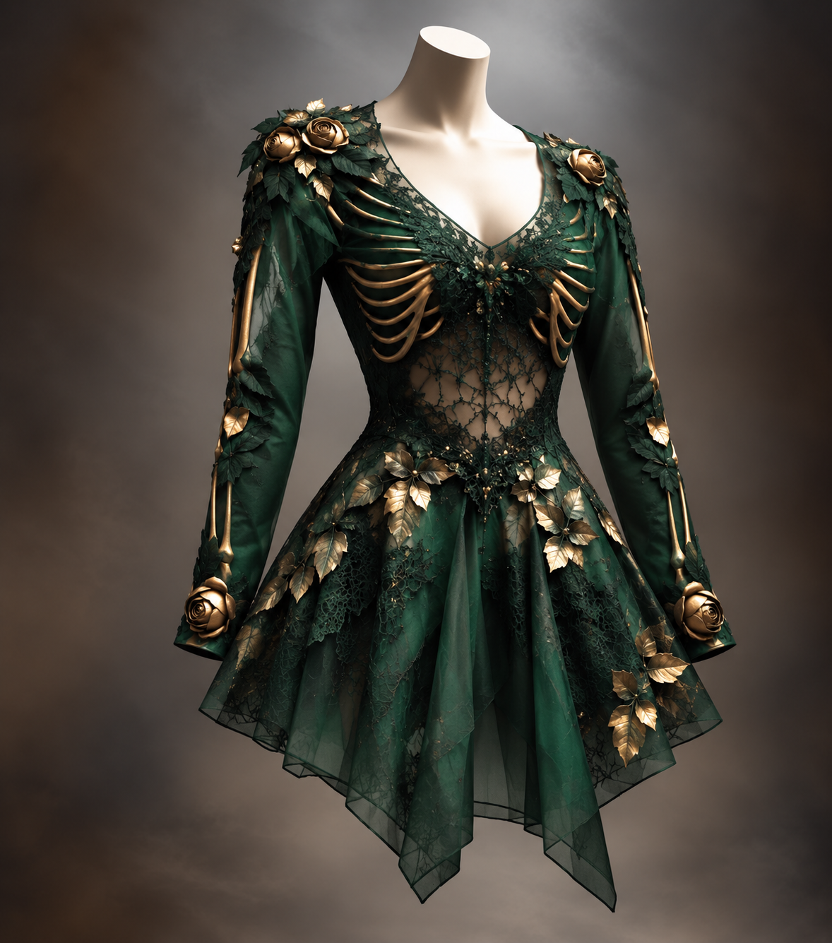 Dark green version on a mannequin, with lace bodice, gold rib-bone motifs on the sleeves, gold roses at the shoulders, and a layered skirt. 5