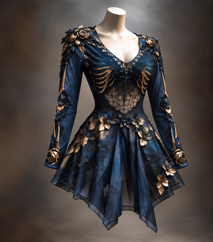 Navy blue version on a mannequin, with sheer lace panels, gold rib-bone motifs, gold roses and leaf appliqués, and a pointed handkerchief hem. 4