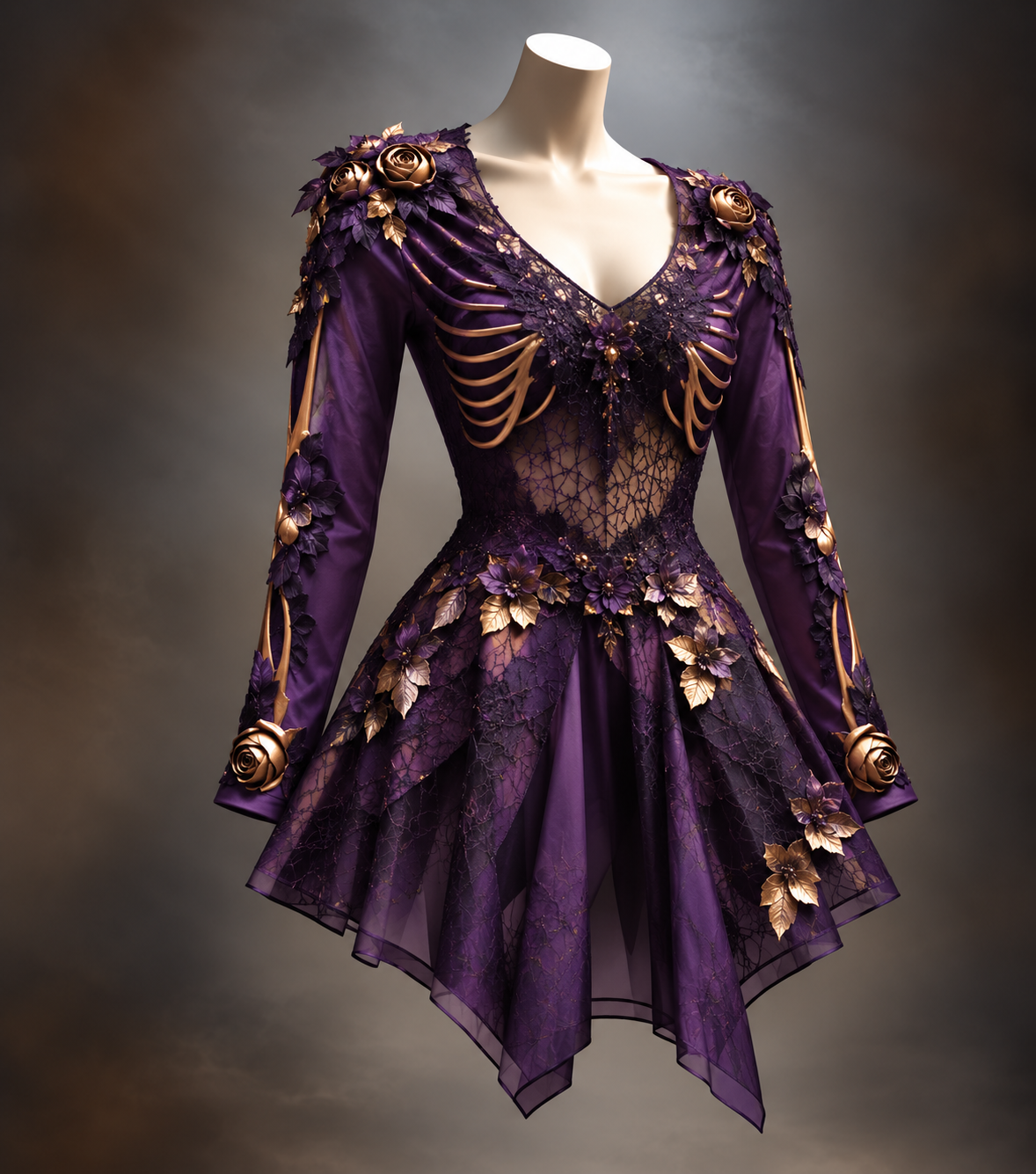 Deep purple version on a mannequin, with sheer lace bodice, gold rib-bone motifs, gold roses and leaves, and a flowing asymmetric skirt. 7