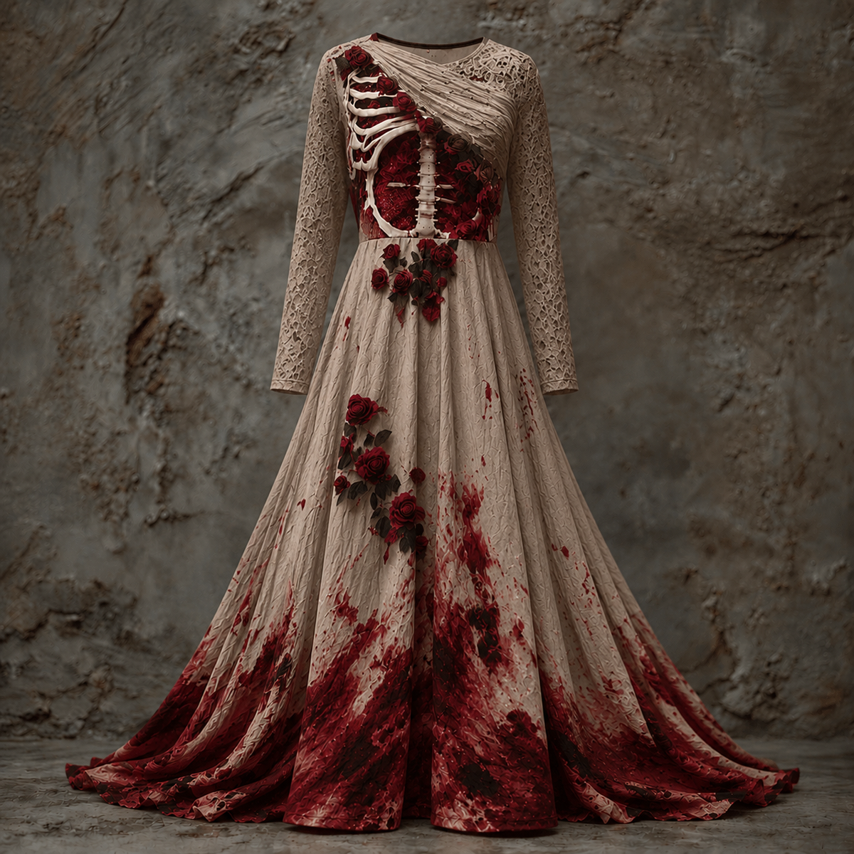 Beige version with lace-textured sleeves and a draped shoulder, ribcage and roses on the bodice, and dark red splatter across the skirt. 4