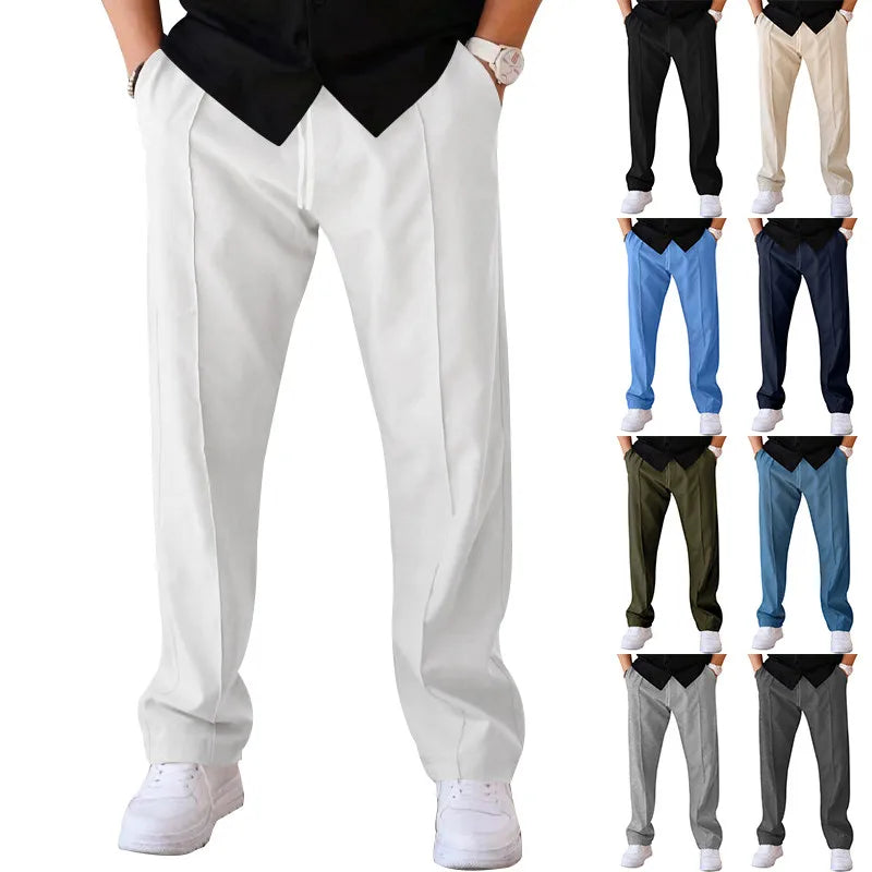 Close view of white trousers worn with a black top and watch, with a grid of smaller photos showing other colour options. 6