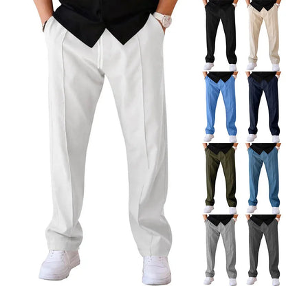 Close view of white trousers worn with a black top and watch, with a grid of smaller photos showing other colour options. 6