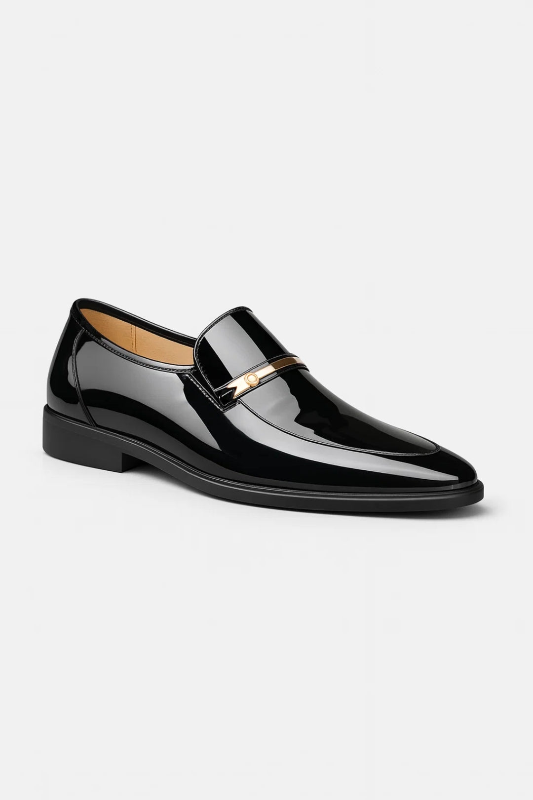 Black high-gloss slip-on loafer seen from the front three-quarter angle, with a gold-toned metal bar across the vamp 1