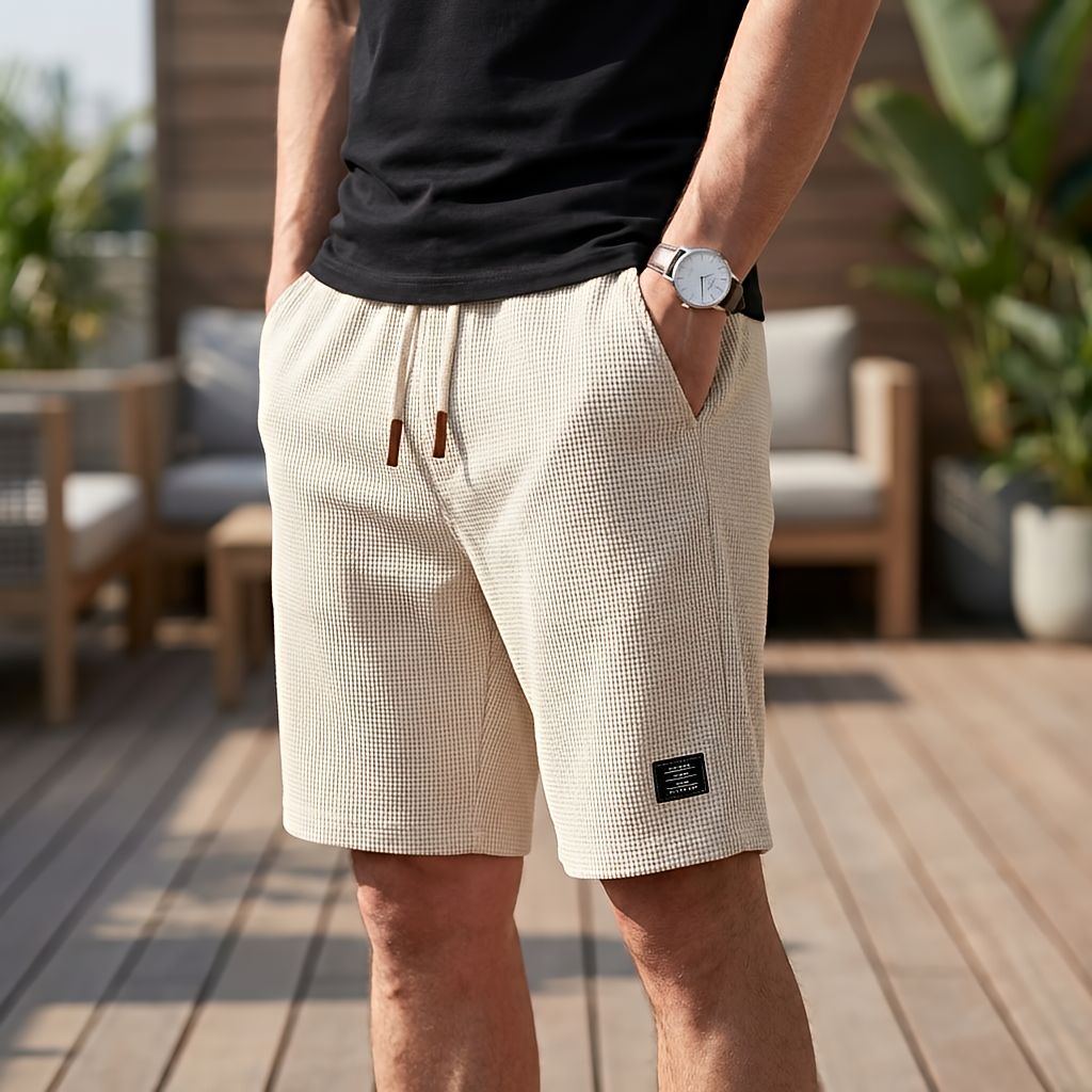 Model wearing cream waffle-textured shorts with drawstring waist, pocket and small label, standing on a wooden deck 8