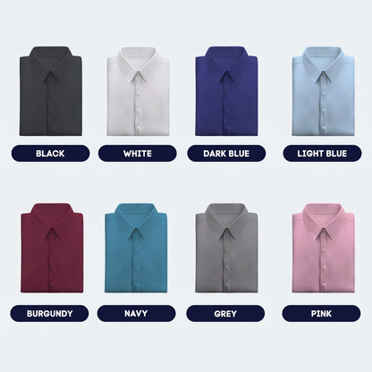 Eight folded shirts in black, white, dark blue, light blue, wine red, teal, grey and pink 13