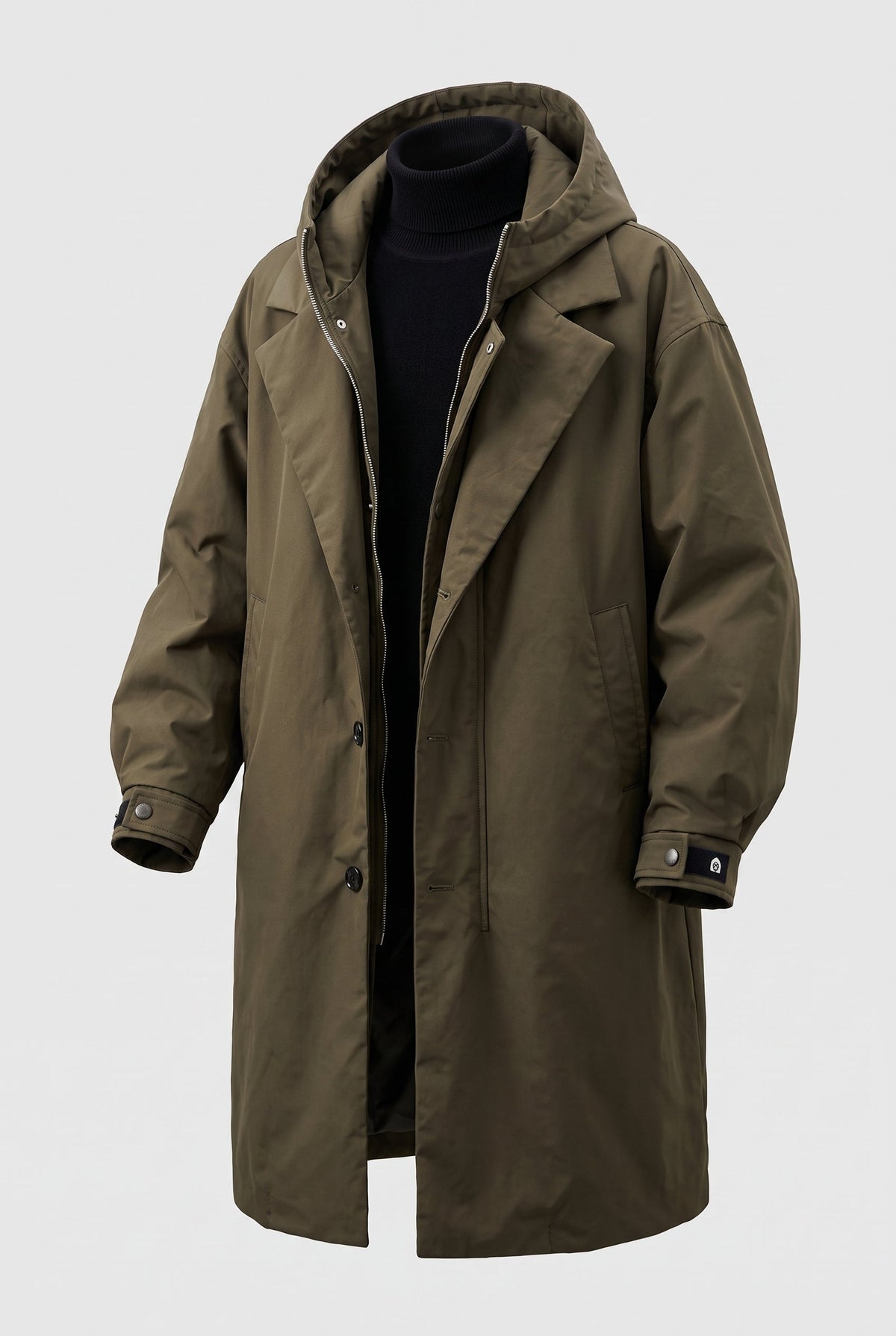 Olive-green hooded coat shown flat on a plain background, open to reveal black polo neck and cuff tabs 5