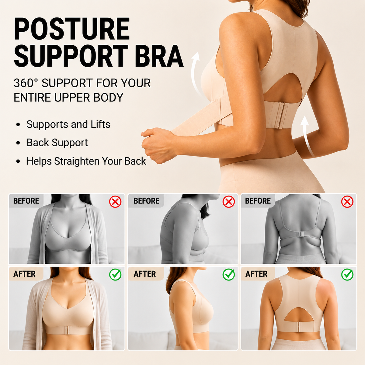 Beige bra worn from the back, a model pulling the elastic band, above before-and-after comparisons of posture from front, side and back. 4