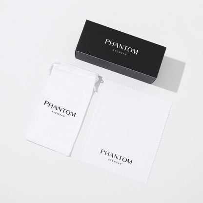 Flat lay of a black presentation box, a white drawstring pouch and a white cleaning cloth, all printed with branding. 7