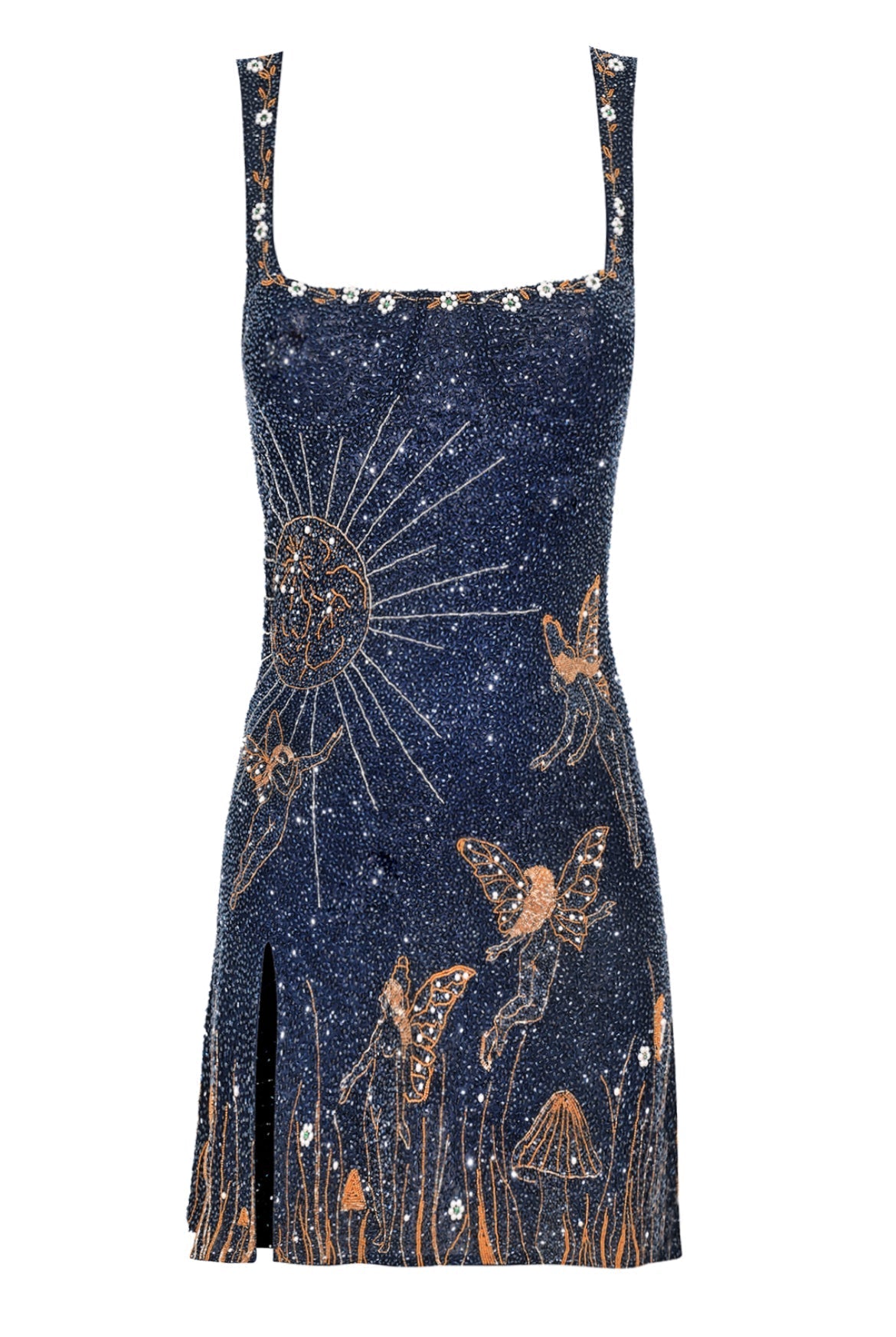 Dress laid flat against white, showing the whole beaded design of sun rays, fairies and flower trim 5