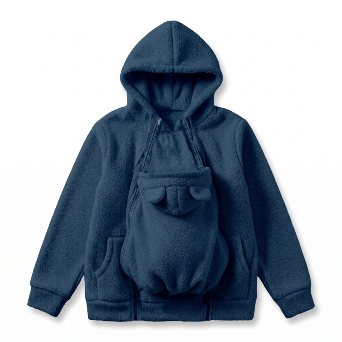 Flat lay of the hoodie in navy blue with the baby carrier panel zipped on, bear ears and front pockets visible. 10