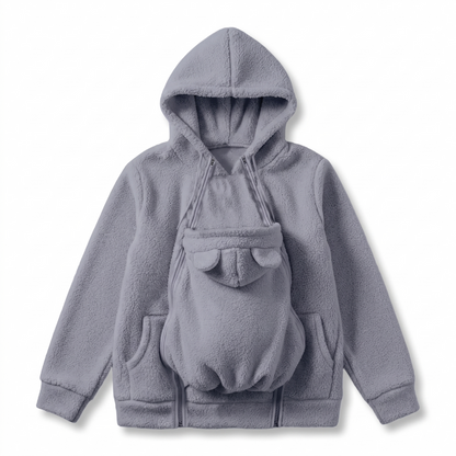 Flat lay of the grey fleece hoodie showing the front pouch with bear-ear hood, side pockets and ribbed cuffs. 5