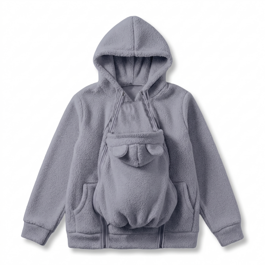 Flat lay of the hoodie in grey with the baby carrier panel attached at the front, bear ears on the panel's hood. 12