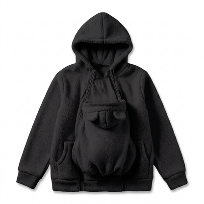 Flat lay of the black fleece hoodie with the baby pouch attached at the front, bear ears on its hood. 3