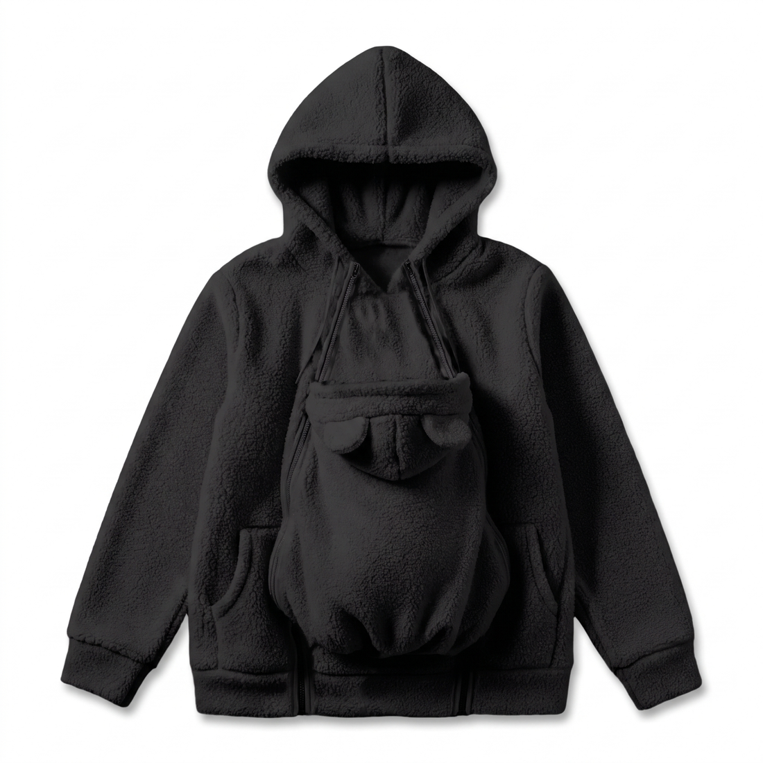 Flat lay of the hoodie in black with the baby carrier panel attached, showing bear ears and ribbed cuffs. 13