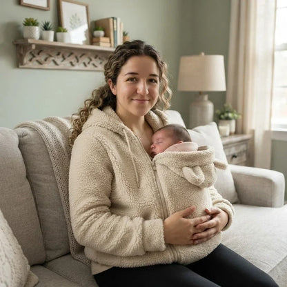 Woman in the cream fleece hoodie sitting on a sofa, a sleeping baby snug in the bear-eared pouch. 14