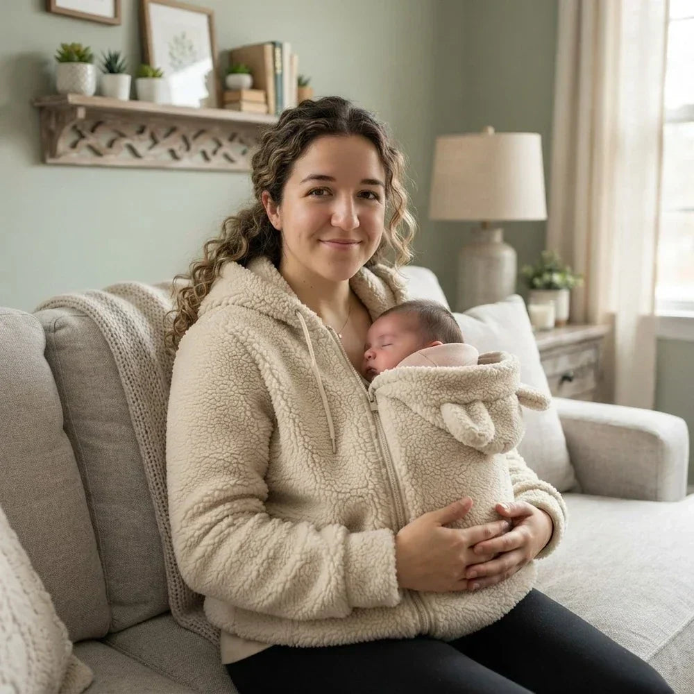 Seated woman in a cream sherpa hoodie on a sofa, cradling a sleeping baby in the zip-on panel with bear ears. 7