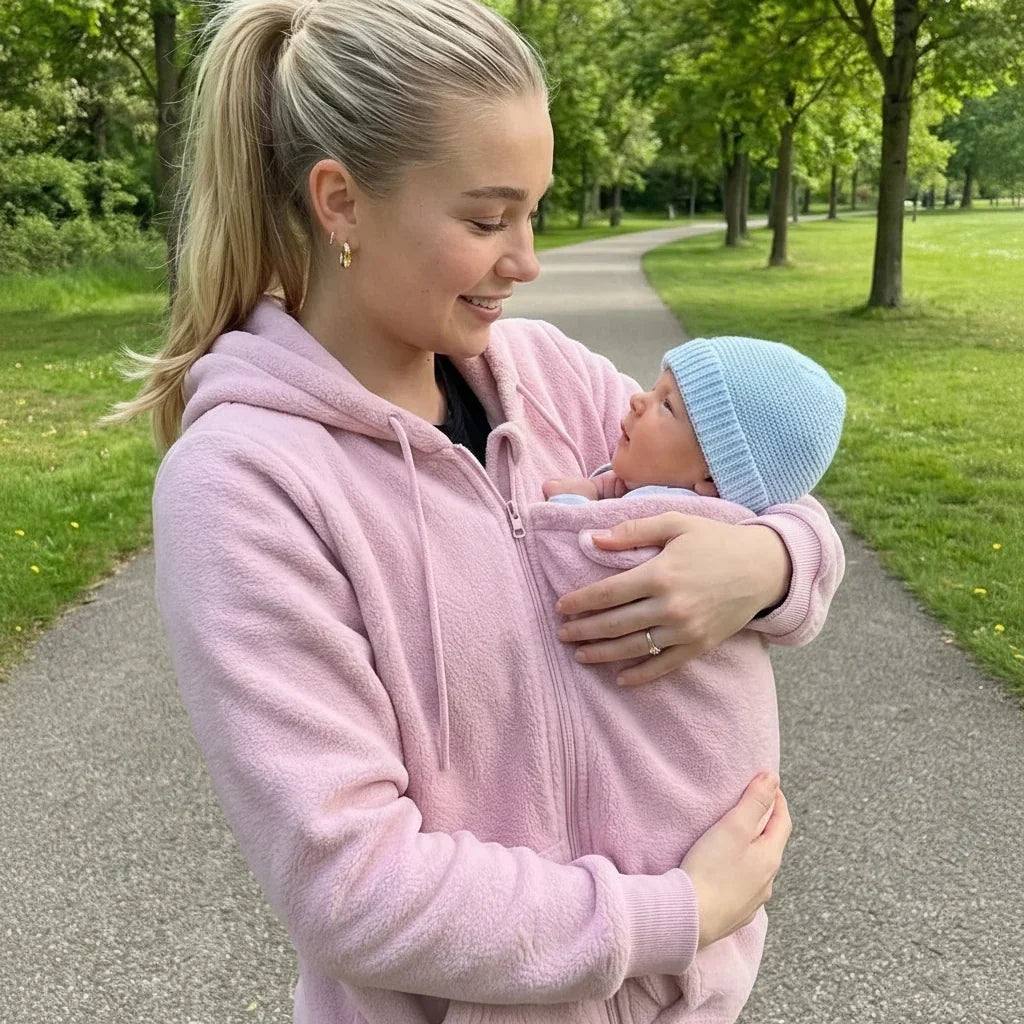 Woman in a pink fleece hoodie on a park path, gazing at a baby in a blue knitted hat in the carrier. 4