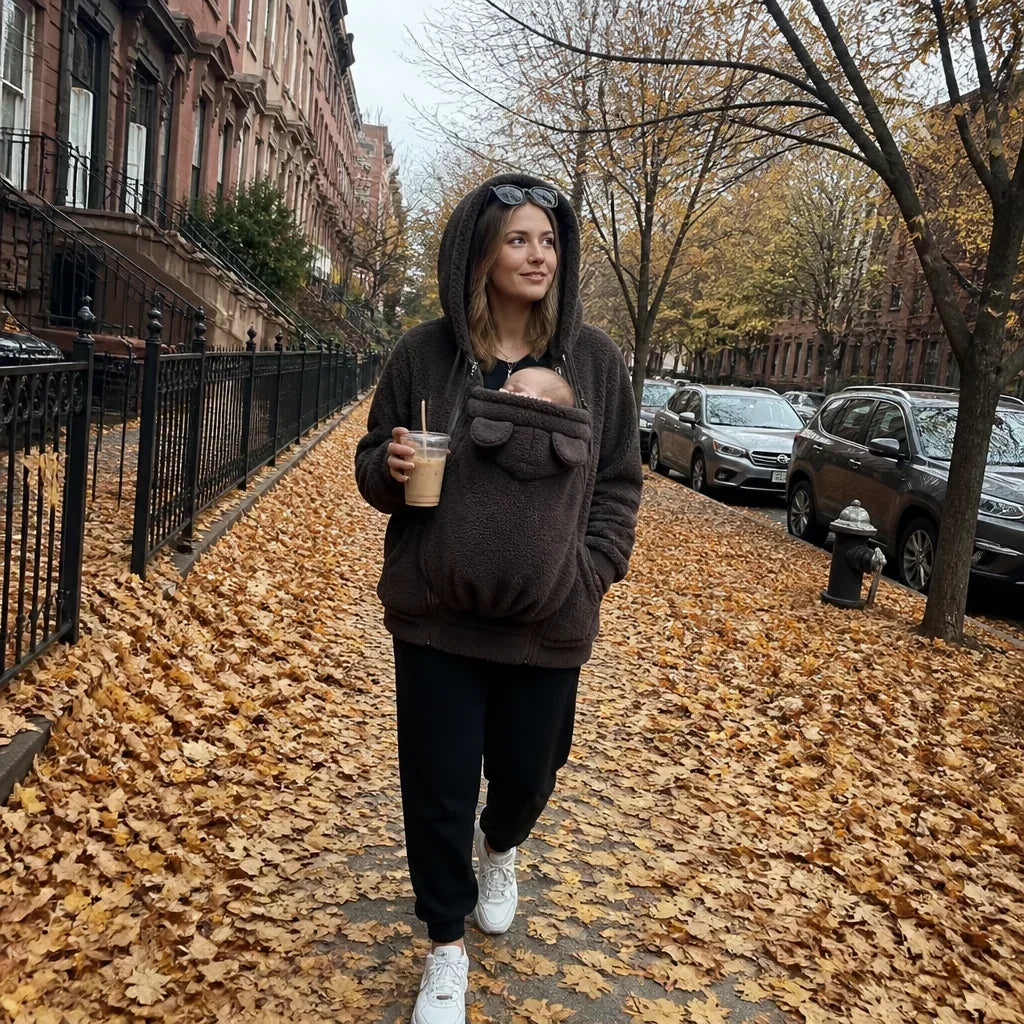 Woman in a dark brown sherpa hoodie with the hood up walking down a leaf-covered street, baby snug in the front panel. 5