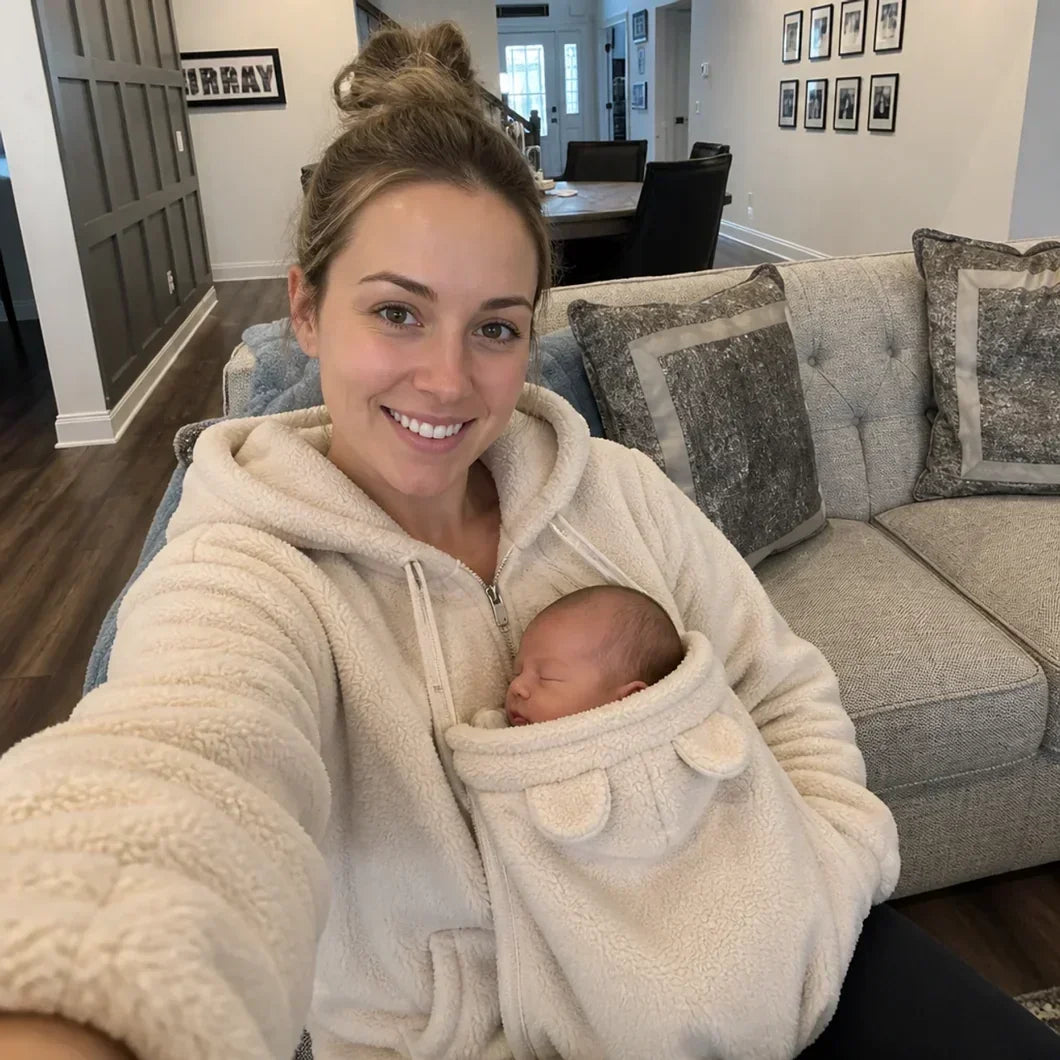 Smiling woman taking a selfie on a sofa in a cream sherpa hoodie, with a newborn tucked into the panel. 3