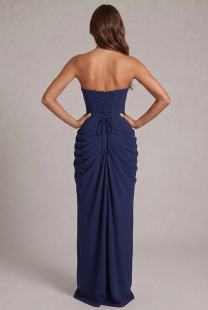 Back view of the navy gown with lace-up corset back and gathered skirt 16