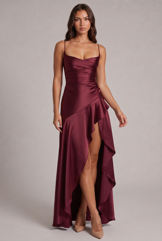 Model wearing the burgundy satin maxi dress, full-length front view with ruffled front slit 1
