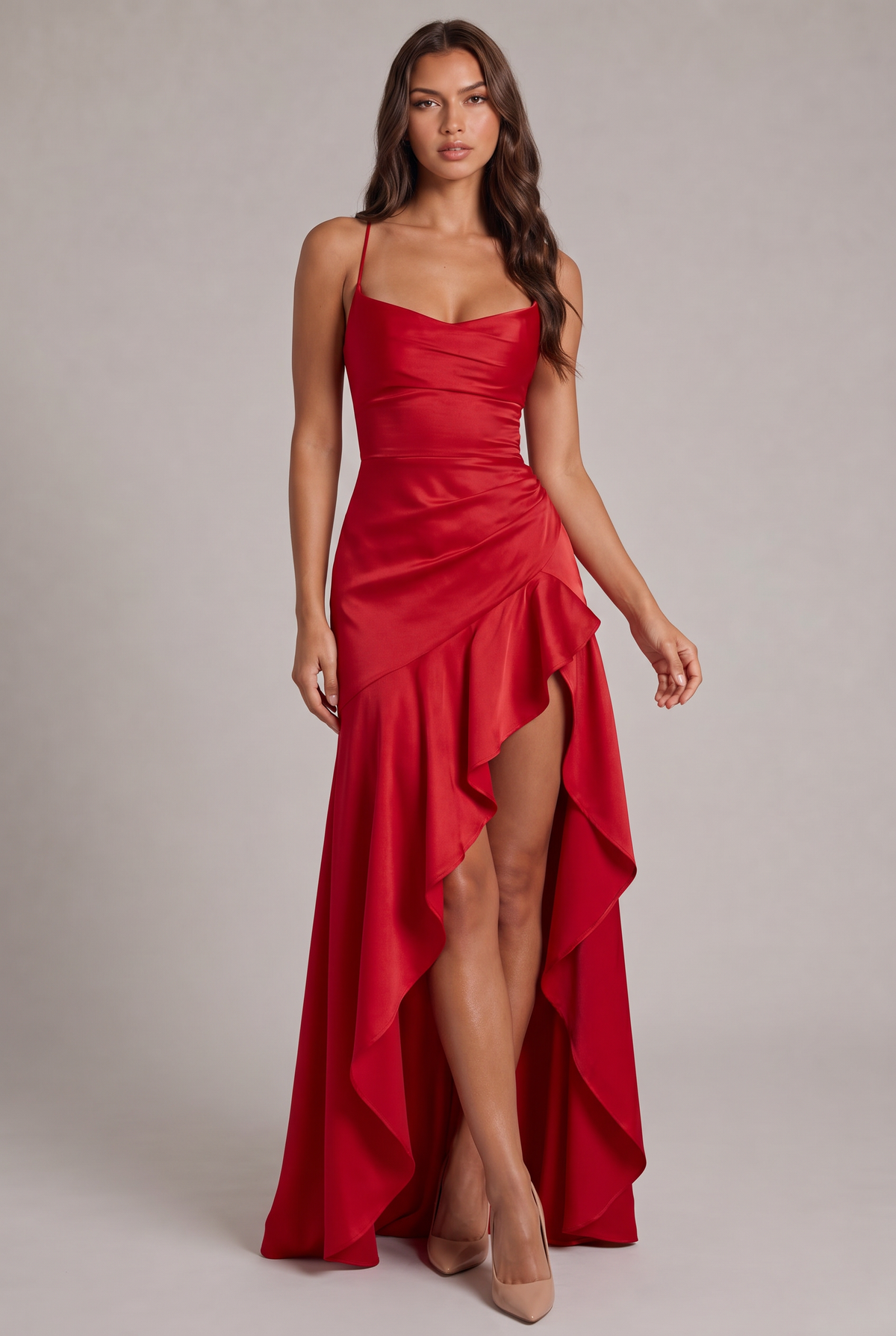 Red satin maxi dress on a model, full-length front view with asymmetric ruffle and slit 13