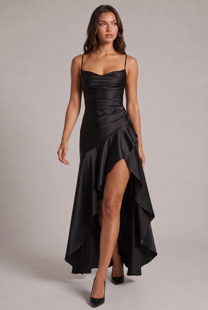 Black satin maxi dress on a model, full-length front view walking with front slit and ruffle 9