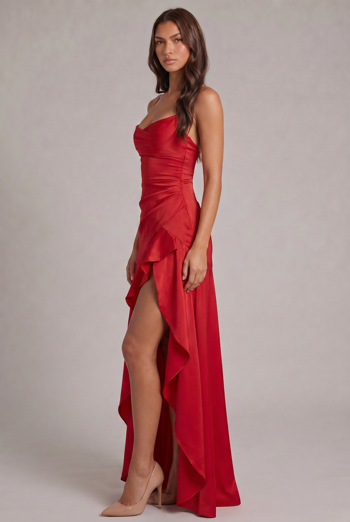Red satin maxi dress from the side, showing ruched waist, ruffle and high slit 15
