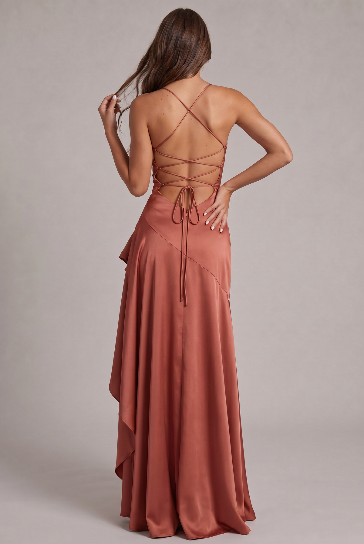 Back view of terracotta dress showing criss-cross lacing, tie ends and flowing skirt 27