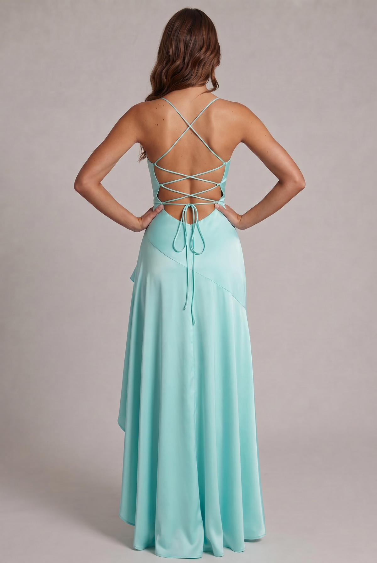 Back view of aqua dress with criss-cross lace-up back and tie ends 24