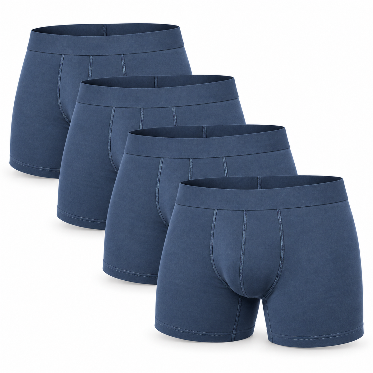 Four mid-blue boxer briefs arranged in an overlapping stack, each with wide waistband and stitched front seams. 10