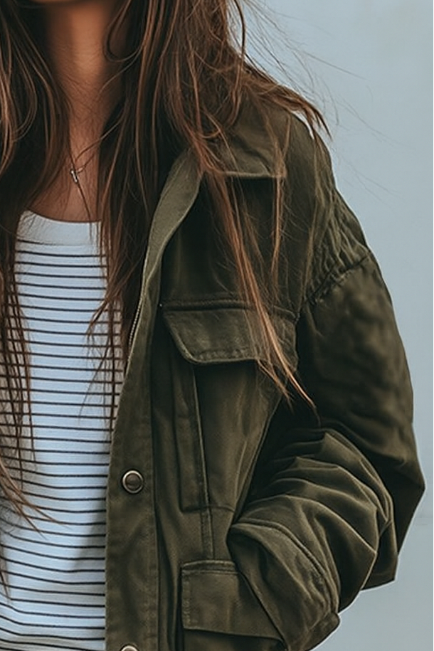 Close-up of the jacket's collar, chest flap pocket, snap button and gathered shoulder seam on a model with long hair. 2