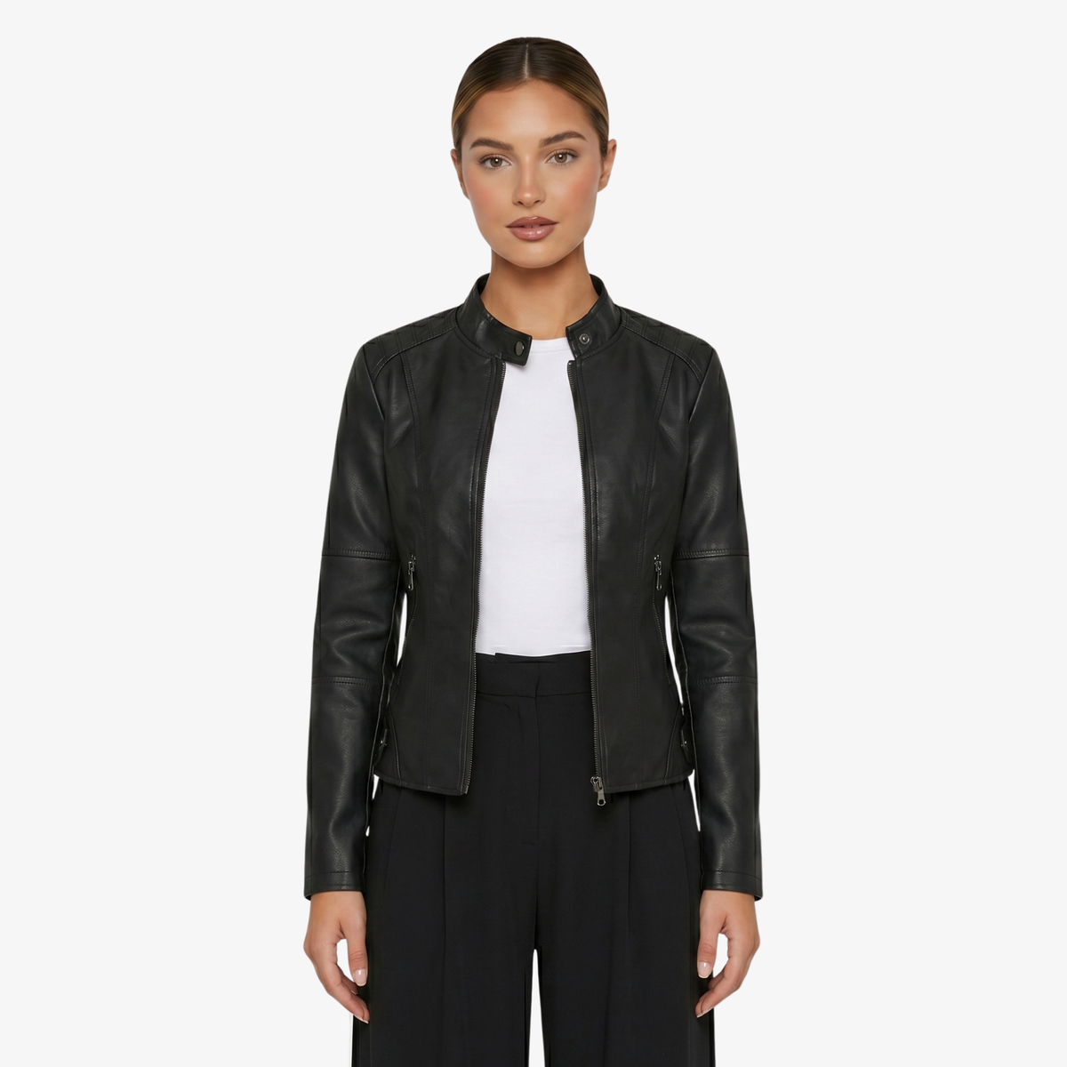 Jacket Women’s Faux Leather Zip Front Stand Collar