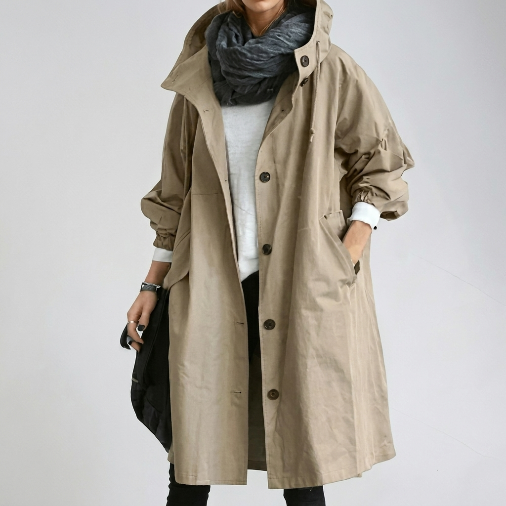 Model wearing the long hooded coat in sand beige, buttoned loosely, with a grey scarf and holding a dark bag. 4