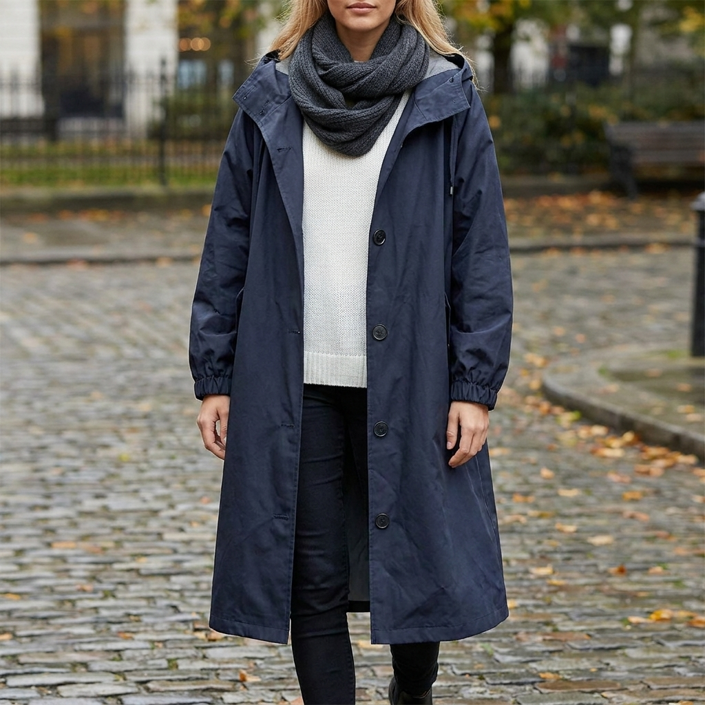 Front view of the navy hooded coat worn by a model on a cobbled street strewn with autumn leaves. 7