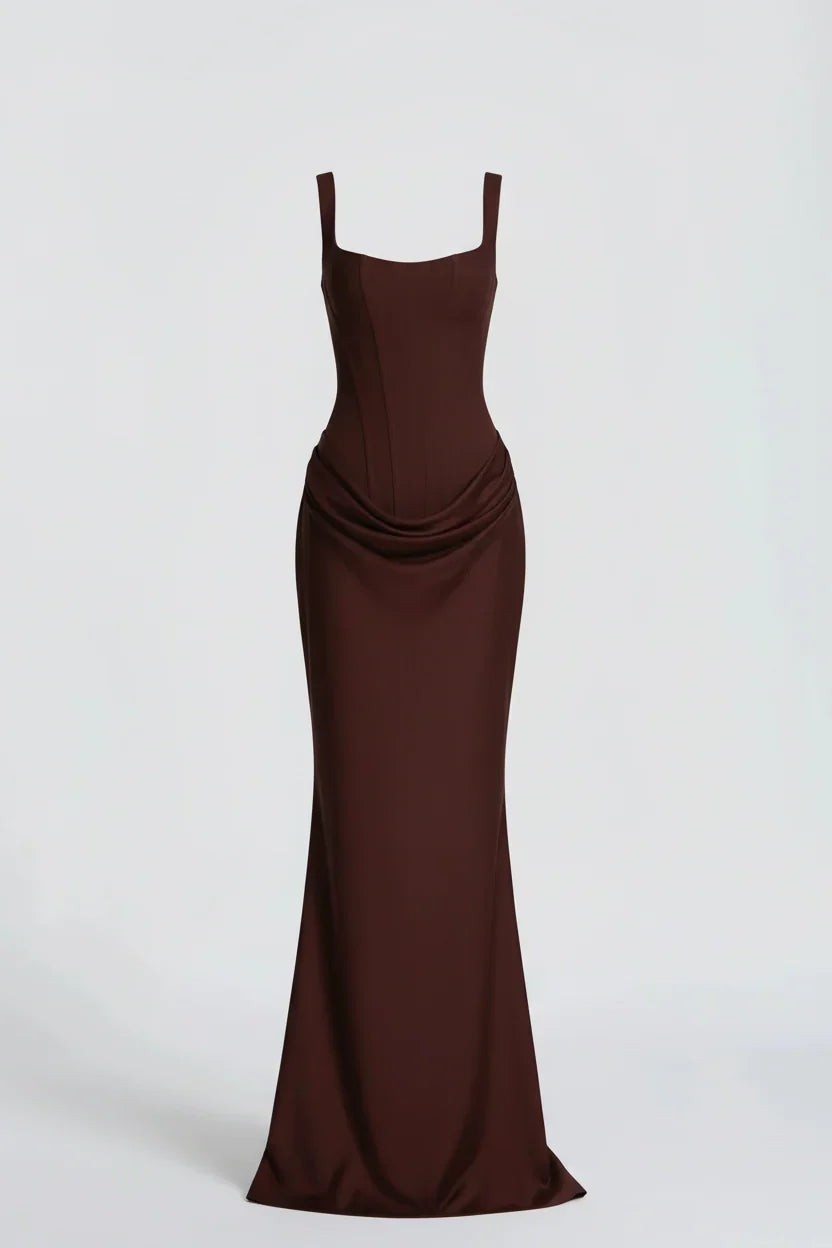 Chocolate brown fitted maxi dress with a seamed corset bodice and draped hip fold 4
