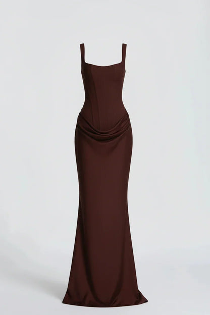 Chocolate brown fitted maxi dress with a seamed corset bodice and draped hip fold 4